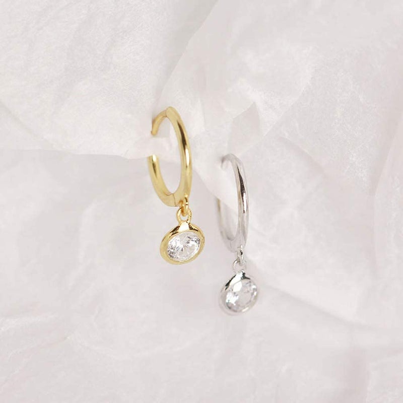 Dtja CZ Bezel Dangle Hoop Earrings for Women Girls 925 Sterling Silver Charms Minimalist Tiny Round Cubic Zirconia Drop Dangling Cartilage Helix Tragus Diamond Solicate Hypoallergenic Jewelry (Silver-Toned) - Image 4